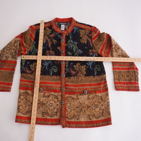 Vintage Sag Harbor Tan Tapestry Button Up Jacket Red Navy Floral Boho 14 - Picture 2 of 10